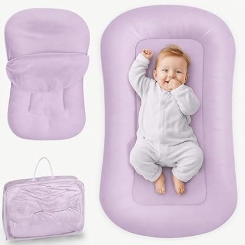 Infant Support Cushion - Baby Lounger for Newborn, 0-24 Months, Breathable Cotton Fabric Infant Support Cushion, Portable Newborn Essentials for Home and Travel, Purple (Cover Included)
