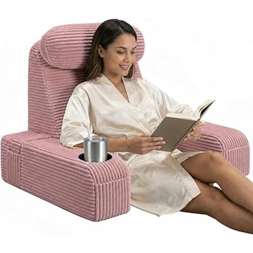 Reading Pillow/Backrest Pillow with Arms, Cup Holder & Phone Pocket - Bed Rest Pillow with Adjustable Headrest, Corduroy Fabric for Back Support in Bed/Sofa/Floor (Dusty Pink, 19 INCH)