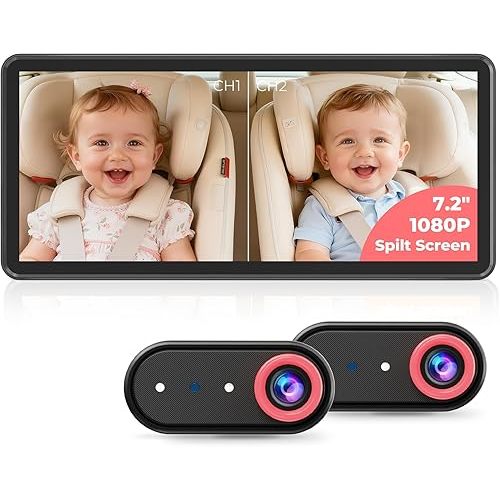 BM5PRO 7.2" Dual Camera Baby Monitor, 1080P HD Display for 2 Kids, Night Vision, Easy Install Car Baby Monitor, Ideal Gift, Rear Seat Safety for Babies & Pets