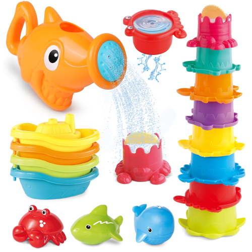 16Piece Bath Toys for 6-12 Months Baby, Pool /Beach Toys Water Table Toys for Toddler,Stackable Toy,Shark Water Can,Birthday Gift for Kids