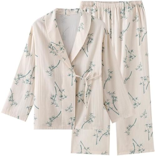 Womens Floral Cotton Pajama Set – Soft Sleepwear with Kimono Wrap Top & Elastic Waist Pants