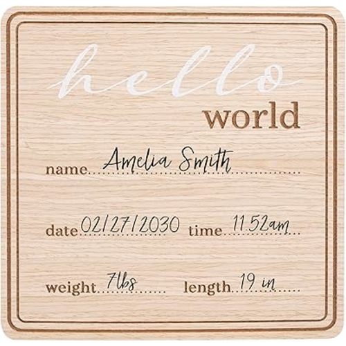 Kate & Milo Wooden Hello World Birth Announcement Photo Prop, Newborn Milestone Sign with Birth Details for Hospital and Newborn Photos