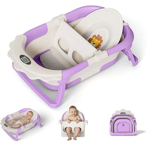 MoreFeel Foldable Baby Bathtub with Thermometer - 4-in-1 Grow-with-Me Collapsible Infant Tub (Newborn to Toddler) with Adjustable Mesh Sling - Space Saving Design