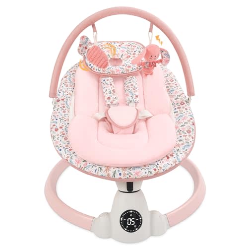 Baby Swing for Infants, Electric Baby Swing with Bluetooth, Portable Infant Swing with 5 Speeds, 10 Songs, 5-Point Harness & Remote Control, for Newborns Infants Indoor Outdoor Use (Pink)