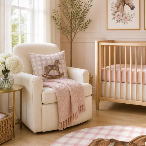 Tapestry Pillow Rocking Horse Baby traditional Nursery Decor Vintage Natural Plaid Pink
