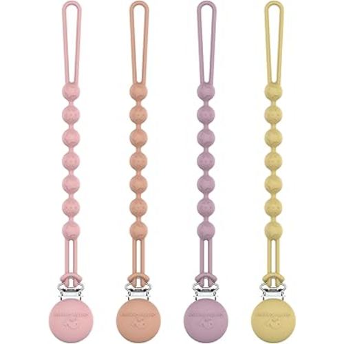 Cuddle Campus Silicone Pacifier Clip Holder with One Piece Design, Pack of 4 Soft Flexible Binky Clips with Texture for Baby Boy and Girl (Set 1, 4 Pack 0-6m Round)