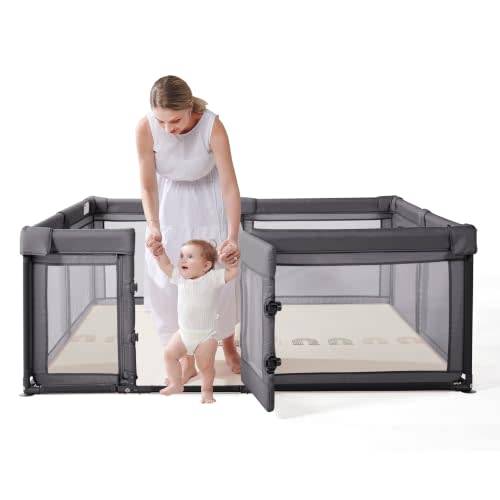 Baby Playpen,Extra Large Playpen for Babies and Toddlers, Sturdy Play Pen Play Yard with Safety Gate,79”x59”Baby Play Pen(Deep Grey)