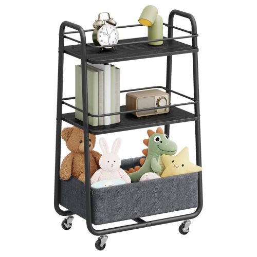 VASAGLE LILEA Collection - Storage Cart with Fabric Basket, 3-Tier Rolling Utility Cart with Wheels and Shelves,Ebony Black and Slate Gra