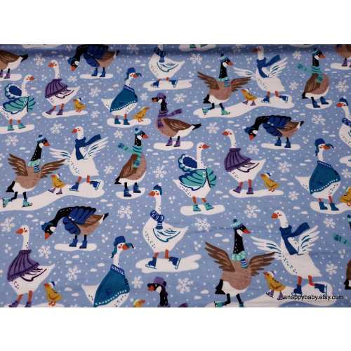 Flannel Fabric - Dressed Up Winter Geese on Blue - By the yard - 100% Cotton Flannel