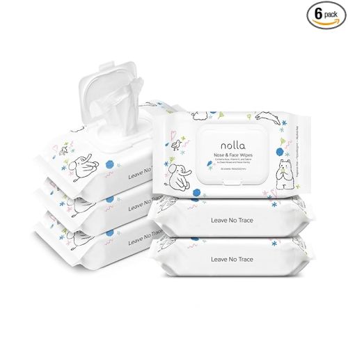 Nolla Nose and Face Wipes for Babies & Kids with Saline, Vitamin E, & Aloe | Unscented | Compostable, 180 Count (6 Packs of 30)