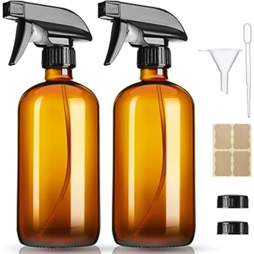 16oz Amber Glass Spray Bottles,2 Pack Glass Spray Bottles Refillable Empty Bottle with Adjustable Nozzle,Spray Bottle for Essential Oils,Cleaning,Pets,Hair Mister
