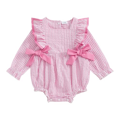 Sasaerucure Newborn Baby Girl Fall Outfit Striped Ruffle Long Sleeve Romper Bodysuit Smocked Bubble Clothes