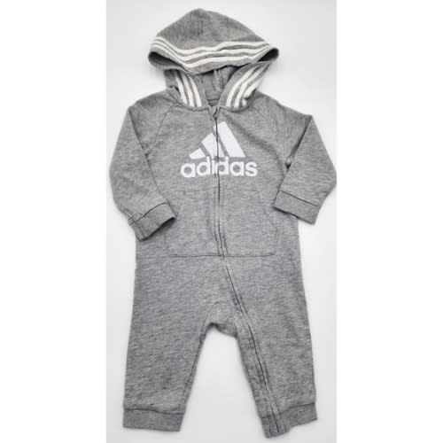 Adidas Gray‎ Baby Hoodie Jumpsuit Romper 9 Months Logo White Stripes Zip Up