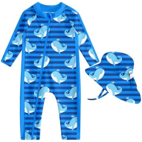 Funnycokid Baby Swimsuit Boy UPF50+ Zipper Infant One Piece with Hat