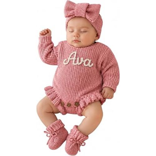 Personalized Embroidered Baby Boy Girl Clothes Outfits,Custom Name Baby Romper Set, Cotton Knit Long Sleeve Romper
