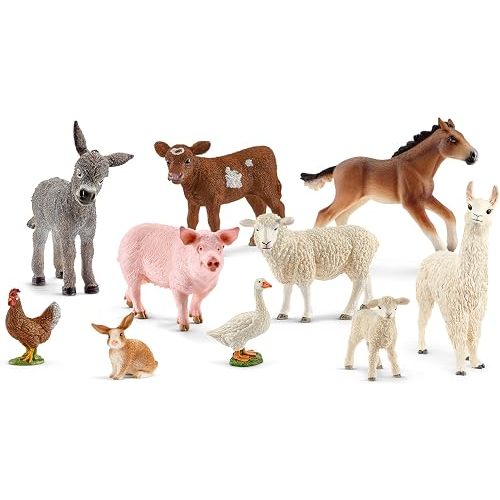 Schleich Farm World - 10PC Farm Animal Bundle with Chicken, Pig, Horse Figurines - Barnyard Starter Set with Baby Animal Figures - Durable Educational Toys for Imaginative Play - Kids Ages 3+ | 77585