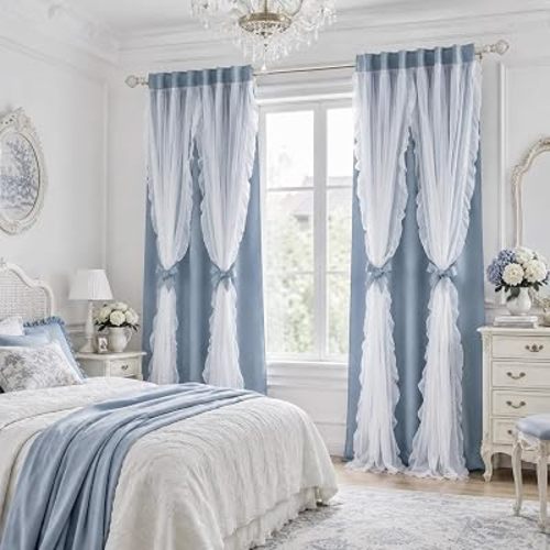 PONY DANCE Dusty Blue Curtains with Ruffle Sheer 84 Inches Long for Girls Bedroom, Shabby Chic Style Double-Layer Drapes for Nursery/Living Room/Apartment/Dorm/Kids Rooms, 2 Panels, 52" W x 84" L