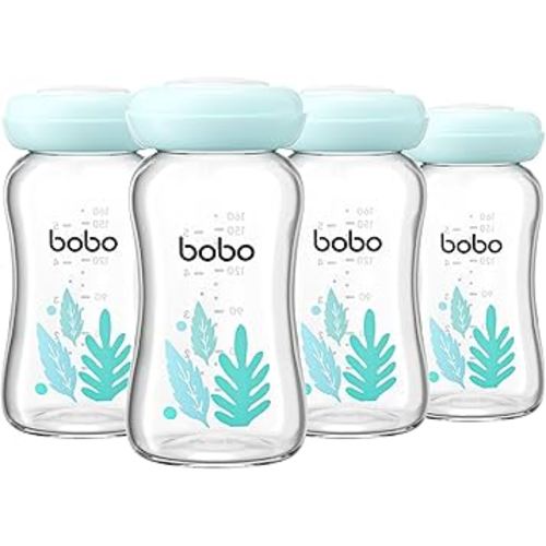 YOHKOH Glass Breast Milk Storage Bottles - 100% Leak-Proof, BPA-Free Breastmilk Storage Containers, Freezer & Dishwasher Safe, Ideal for Nursing Mothers (Blue, 5.4oz (Pack of 4))