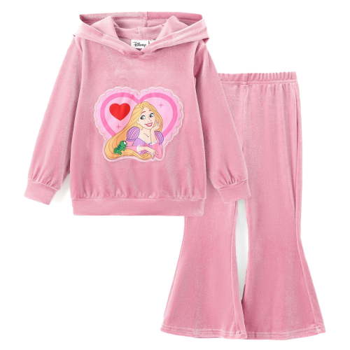 Disney Princess Girls Hoodie Rapunzel Graphic Love Sweatshirt and Flared Pants Pink Velvet 2 Pieces Sets Toddler 3T