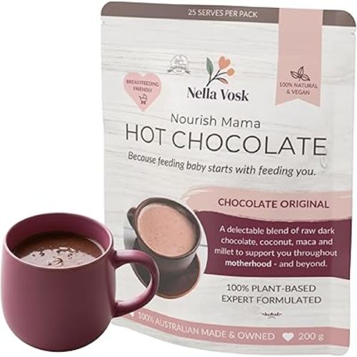 Nella Vosk Nourish Mama Organic Lactation Hot Chocolate – Vegan, Dairy & Gluten Free Breastfeeding Drink – Postpartum Support with Maca & Coconut Milk Powder (200gm, Chocolate Original)