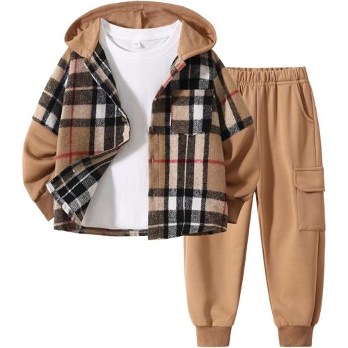 2Pcs Kids Boys Flannel Plaid Shirt Tops Pants Set Hoodie Sweatsuit for Fall Winter Spring Outfits 4-12 Years