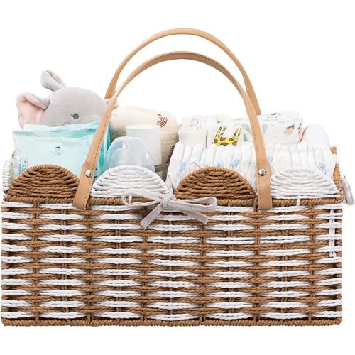 HBlife Large Baby Diaper Caddy, Paper Rope Storage Baskets Nursery Bin with Removable Divider, Portable Car Organizer for Diapers, Baby Shower Gifts, Newborn Essentials Must Haves