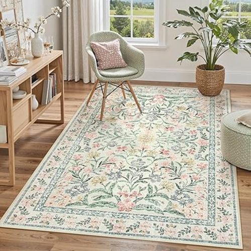 Lahome Boho Rugs for Living Room 5x7, Machine Washable Area Rugs Non-Slip, Vintage Floral Soft Kids Bedroom Carpet Rug for Home Girls Playroom Foyer Entryway, Beige/Multi