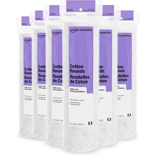 Amazon Basics 100% Cotton Rounds for Makeup Remover and Skincare, All Skin Types, 600 Count, 6 Packs of 100 Count