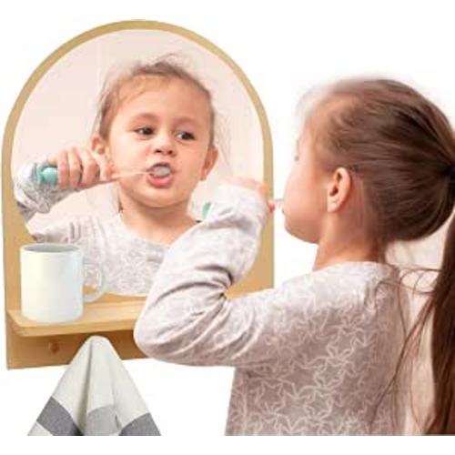 Wooden and Acrylic Wall Mirror for Kids with Hooks and Shelf, Baby Safety Shatterproof Entryway Wall Mirror, Unbreakable Wood Frame Toddler Mirror for Home Classroom Bathroom