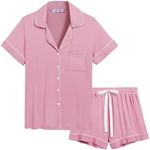 Joyaria Womens Cooling Bambo Viscose Pajamas Short Sleeve Button Down Pj Shorts Set Ultra Soft Summer Sleepwear-Small-XXL