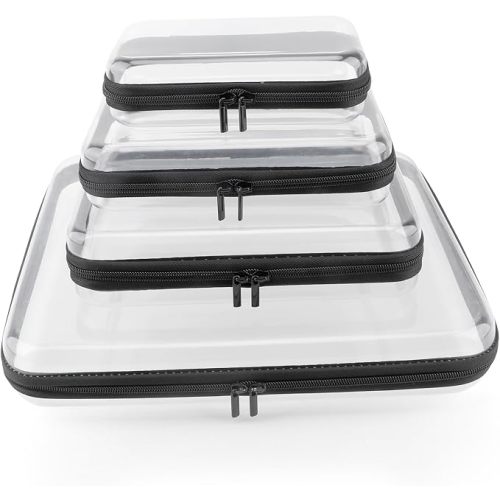 YOPCDJ Clear Hard Shell Zipper Case, Clear Zipper Pouches Waterproof Makeup Organizer & Travel Toiletry Storage Bag, Plastic Pouch for Office, Home, White, 4Pack XL+L+M+S
