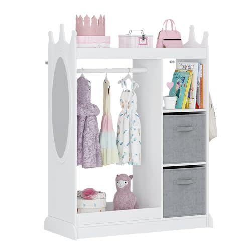 UTEX Kids Dress up Storage with Crown-Shaped Design and 2 Fabric Bins | See and Store Kids Wardrobe, Toddler Dress Up Rack, Open Hanging Armoire Closet, Water-based Paint, Princess Style