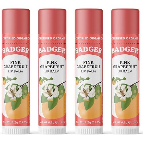 Badger Pink Grapefruit Classic Organic Lip Balm, 4 Pack