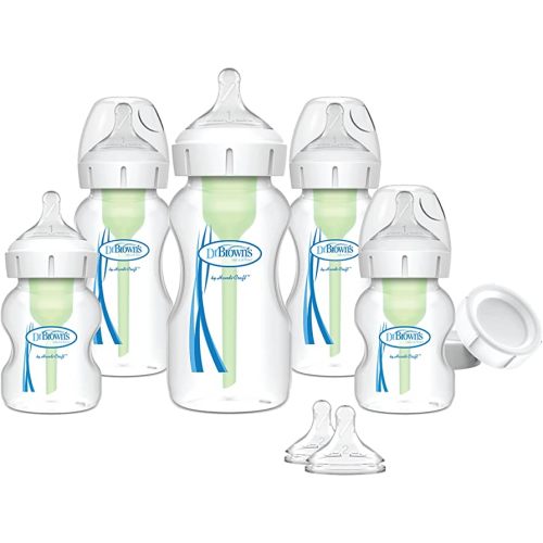 Dr. Brown's Natural Flow Anti-Colic Options+ Wide-Neck Baby Bottle Newborn Feeding Set with Baby Bottle Travel Caps