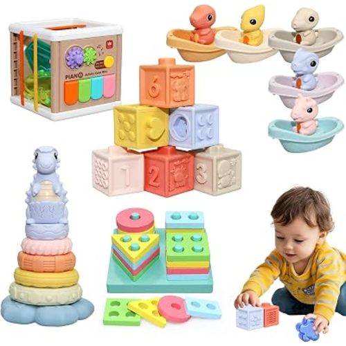 Baby Montessori Toys 6-12 Months, 5 in 1 Sensory Learning Set with Stacking Blocks, Shape Sorter, Bath Toys, Activity Cube, Dinosaur Stacker Educational Toddler Gifts for Boys Girls