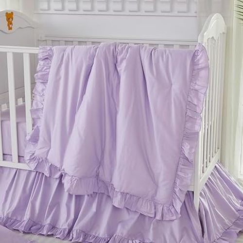 Brandream Farmhouse Crib Bedding Sets for Girls | 3 Piece Boho Chic Nursery Set Purple Baby Comforter, Fitted Crib Sheet, Crib Skirt Included, 100% Percale Cotton