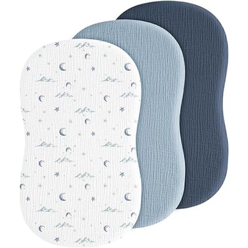 Baby Muslin Bassinet Sheets 3 Pack for Boys & Girls, Soft Breathable Cotton Bassinet Mattress Cover, Universal Fit for Hourglass, Oval, and Rectangle Mattress (Nightfall Blue)
