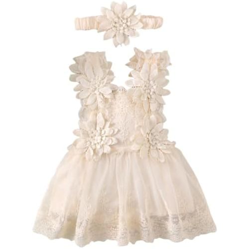 Baby Girl 1st Birthday Outfit Boho Lace Tulle Romper Cake Smash Princess Dress with Headband