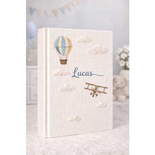 Hand Embroidered Baby Photo Album with Hot Air Balloon & Airplane