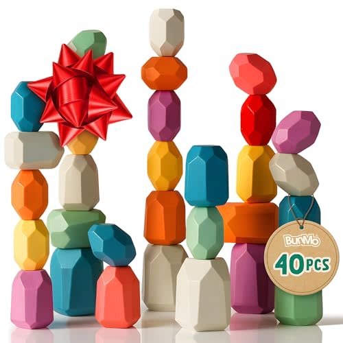 BUNMO 40pcs Wooden Stacking Toys - Montessori Educational Blocks for Toddlers, Non-Toxic, Safe, and Durable for Kids’ Creative Play and Learning