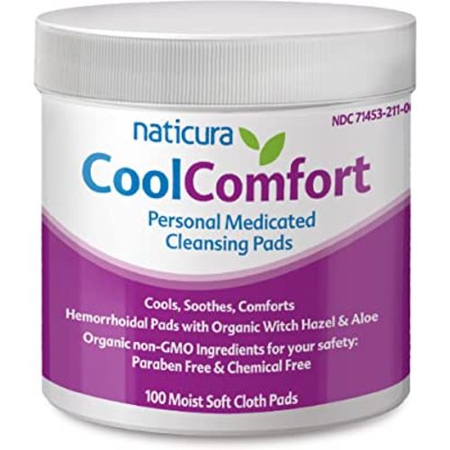 Naticura CoolComfort Personal Cleansing Pads with Organic Witch Hazel and Aloe Vera - All-Natural and Fast Acting Wipes for Hemorrhoid Burning, Itching, Pain and Swelling - 100 Pads - No Parabens