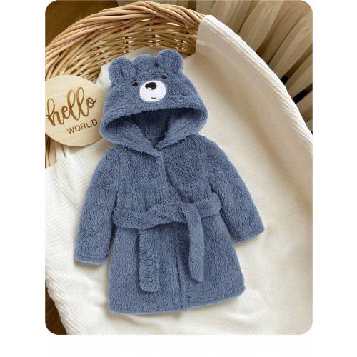Newborn Baby Boy Cute Bear Embroidered 3D Ear Thickened Waist Robe Fall Winter | SHEIN USA