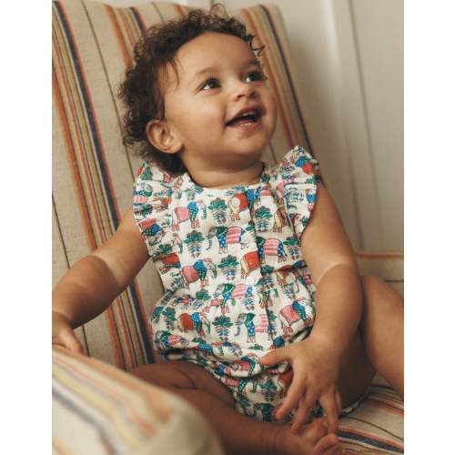 Short Frill Bubble Romper-Multi Elephant Woodblock