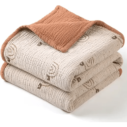 lulumoon Muslin Baby Blanket - Cotton Quilt Blankets for Toddlers - Reversible Nursery Crib Blanket for Baby Boys and Girls 47"x47"(Caramel Rainbow)