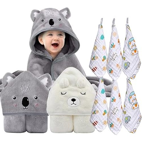 Baby Towel, Hooded Baby Towel, 8-Piece Bath Towel for Baby Boys Girls, Muslin Washcloths, Reusable Infant Wipes Set (White-Grey)