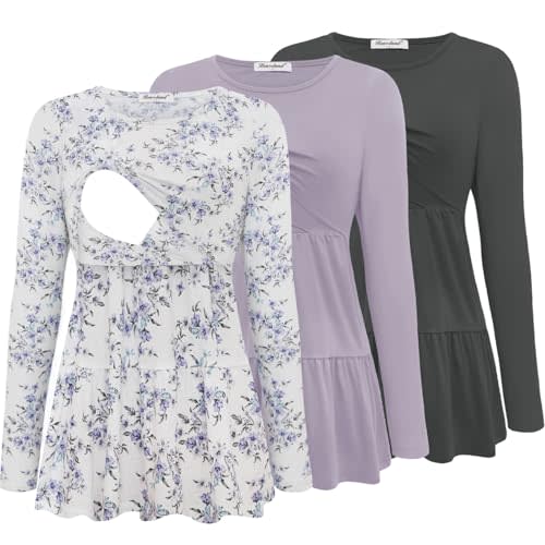 Bearsland Women’s Nursing Top 3pack Long Sleeve Scoop Neck Breastfeeding Shirts Nursing Shirt
