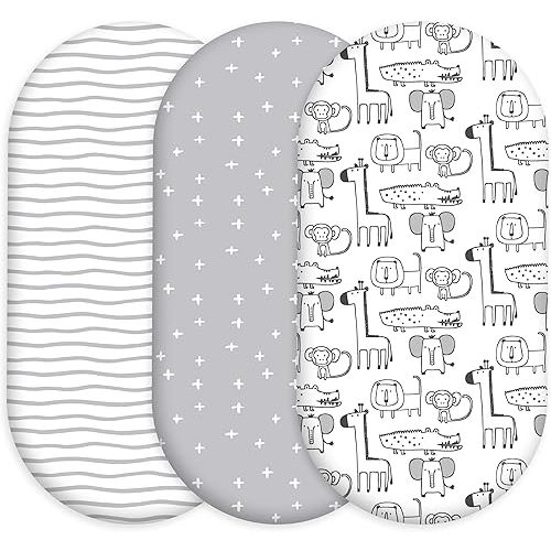3 Pack Baby Bassinet Sheets for Baby Boy Girl, 32" x 16" Bassinet Mattress Sheets, Compatible with Round, Oval, Hourglass, Rectangle Mattress, Fitted Bassinet Sheets (Grey Animals)