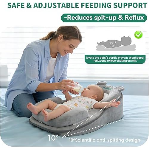 Rootling Baby Feeding Pillow, Anti Overflow Feeding Pillow for Reducing Spit-Up, Safety Nursing Pillow, Baby Lounger Reflux Wedge Breastfeeding, Removable top and Bottom