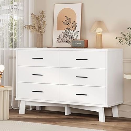 Dresser for Bedroom, 6 Drawer Wide Modern Chest of Drawers with X-Shaped Sturdy Base, Wood Double Dresser Closet Clothes Storage Organizer, Wooden TV Stand for Living Room, Hallway, White