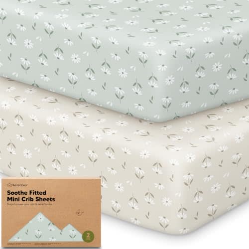 2-Pack Mini Crib Sheets Fitted, 38x26 Pack N Play Mattress Sheets (Daisies) | Organic Cotton Sheets for Pack and Play Mattress, Soft, Breathable Playard Bedding Sheet, Mini Toddler Bed Cover, Boys, Girls